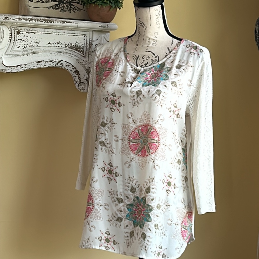 Women Floral Medallion Ivory Cream Crochet Lace Sleeve Blouse Size Medium